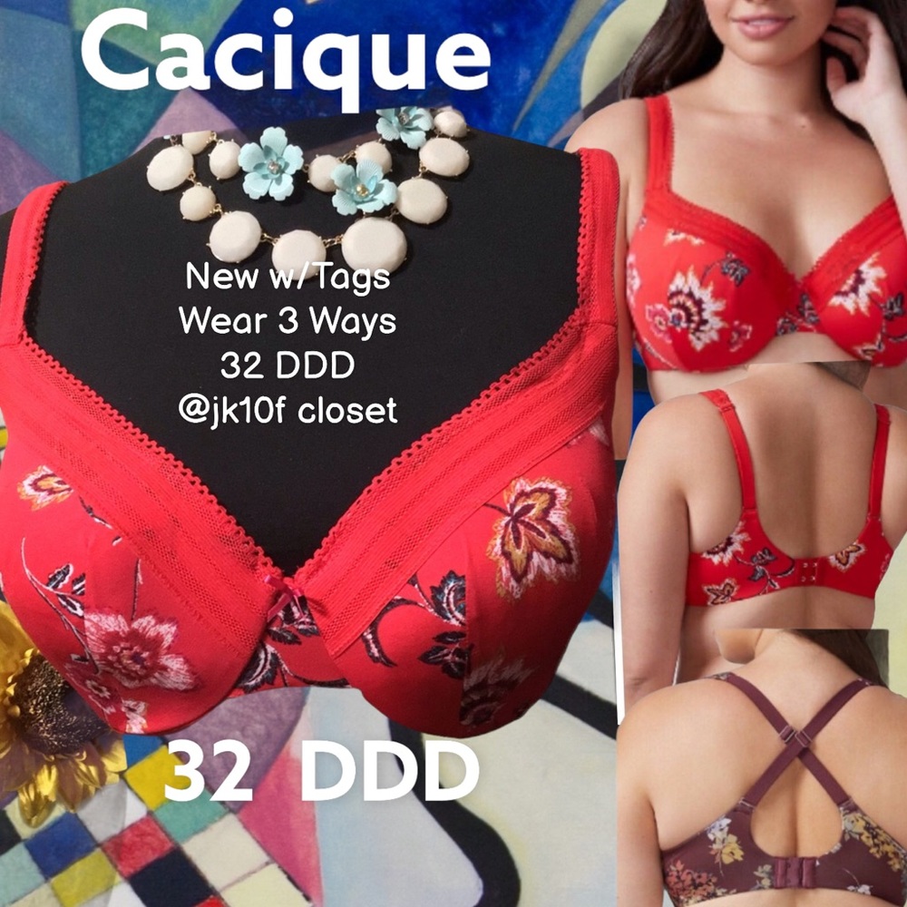 LOWEST🌺 NWT CACIQUE 32DDD MULTI-WAY RED FLORAL BRA